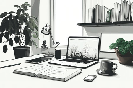 Cropped illustration of a modern desk area with a laptop computer, books, and a coffee cup against a white tableの素材