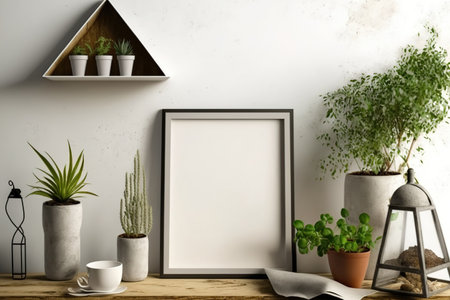 Creative composition of home interior design with mock up poster frame, wooden consola, plants in hipster designed pots and accessories. Nature and plants love conceptsの素材