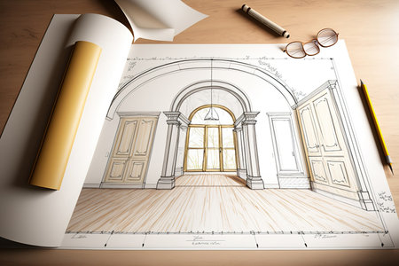 Concept for an architect and interior designer a hand drawn, incomplete project that is completed, a living room in the classical style, and molded walls with copy space. Parquet flooring and an archの素材