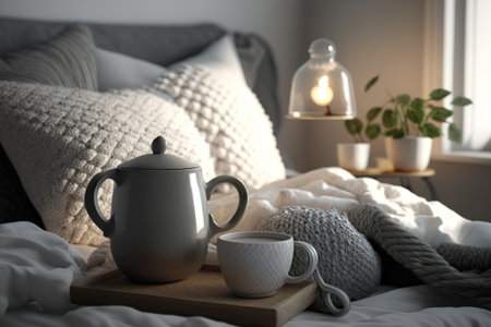 Details of modern interior in gray color. Sunlights in cozy bedroomの素材