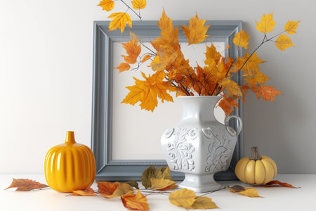Decorated interior of a home. Autumn leaves in a vase full of color on a white backgroundの素材