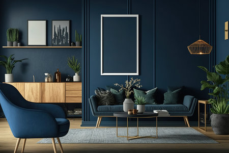 a mock-up of a poster wall in the living room, and retro furniture in a dark blue Scandinavian homeの素材