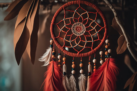 Dream catcher hung from a rope with feathers, threads, and beads. Dreamcatcher crafted by handの素材