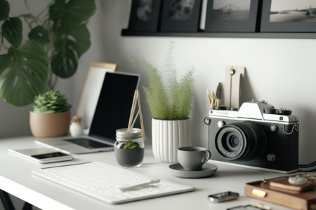 Detailed shot of a home office desk with a copy area, a camera, stationery, and a copy areaの素材