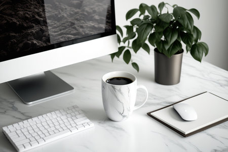 Desktop PC with coffee and copy space on marble deskの素材