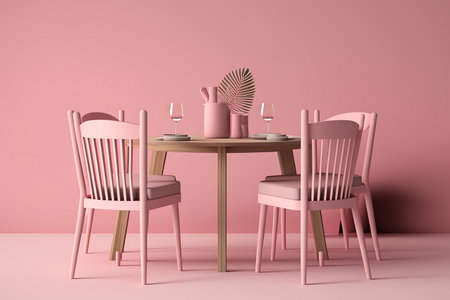 Dining room set with seats and a pink background in a monochromatic designの素材