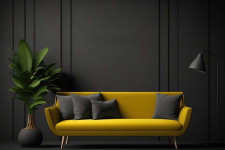 Dark toned wall mockup with a yellow sofa against a black wall backgroundの素材