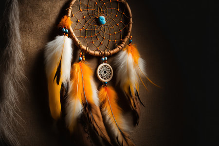 Dream catcher hung from a rope with feathers, threads, and beads. Dreamcatcher crafted by handの素材