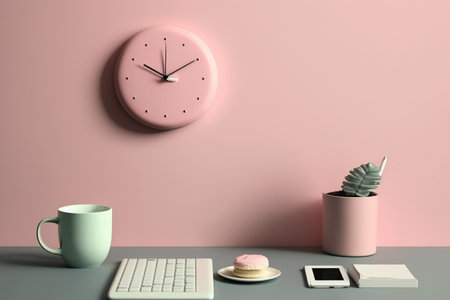 Desk for a home office with a cup, a round wall clock, and pink stickersの素材