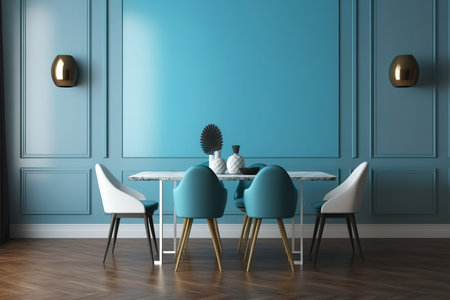 Empty blue wall in modern dining room. Mock up interior in classic style. Free space, copy space for your picture, text, or another design. Dinig table with brown chairs, parquet floor.の素材