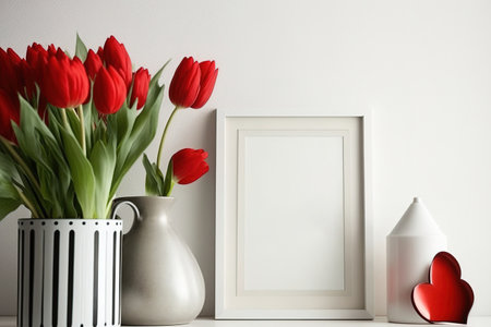 Decorated interior of a home. Mockup with a light background and red tulips in a vase in a white frameの素材