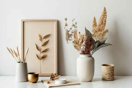 Desk with dry flower in a vaseの素材