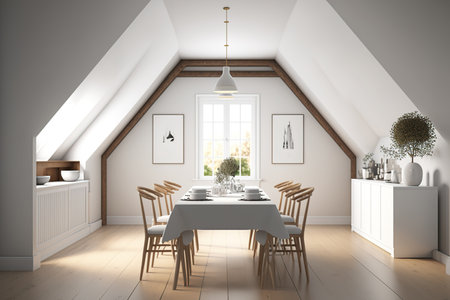 Dining room in an attic with white walls, a long wooden table with white chairs around it and a cupboard in the background. , mock upの素材