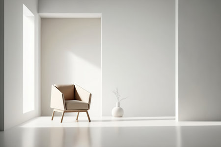 Interior of an empty white room with a concrete floor and a plush, comfortable beige armchair. a mockupの素材