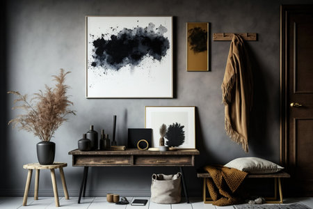 A mens room with vintage items, a reproduction artwork, and a tiny wooden bench. staging house. Copyspaceの素材