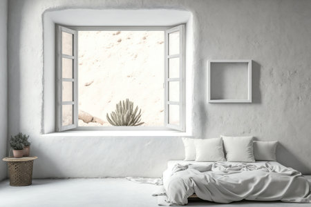 External plaster wall with white window and shutters, displaying an interior bedroom made of pallets, blank background with copy space, mockup template, illustrationの素材