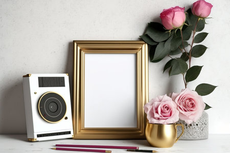 Pink roses, books, an empty photo frame, a vintage camera, and a wooden backgroundの素材