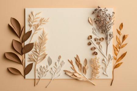 Dry flower branches on pastel beige background. Flat lay, top view frame border with blank copy space for textの素材