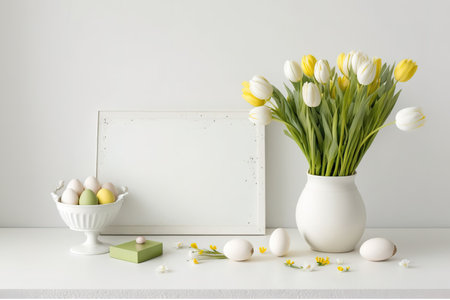 Easter themed interior of a home. Fresh spring tulips in a vase, hypsophila, and pale hued eggs against a background of a white wall, with copy spaceの素材