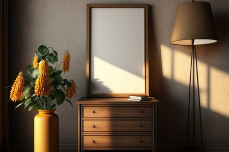 A sunlight on a beige wall, enormous cornflowers in a clay vase, a lamp atop a wooden dresser with rattan drawers, and a brown carpet on the dark wooden floor may all be found in an elegant roomの素材