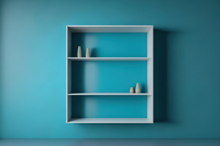 A blue wall with an empty shelf. background scene for a template. Vertical backgroundの素材