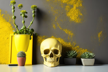 Empty yellow mock-up wall and table with flower-pot skull, plant, and booksの素材