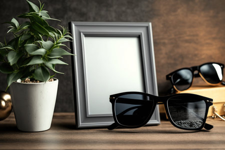 Empty photo frame, sunglasses, and watch on wooden table indoorsの素材