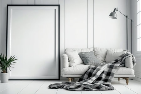 Vertical floor frame empty. White walls, parquet floor. Cozy plaid sofaの素材