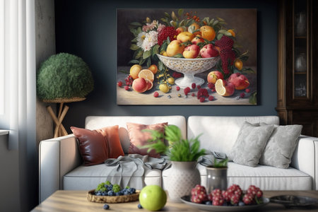 In an attractive living room with a ginger sofa, a wooden coffee table is topped with flowers and red fruitsの素材