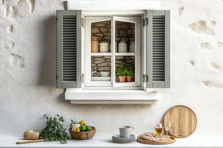Exterior plaster wall with white window and shutters, displaying a country kitchen made of wood, blank background with copy space, mockup template,の素材