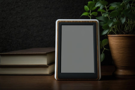 A wooden stand with an e-reader is in front of a black background. digital reading deviceの素材