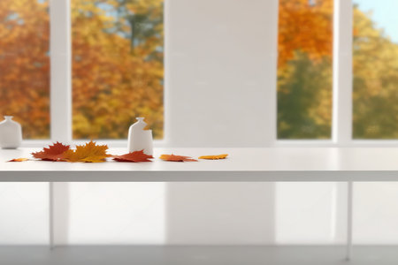 White room with blurred fall view and empty white tabletopの素材