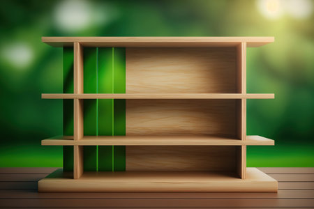 Empty wooden product shelf on illustration. Green bokeh background illustrationの素材