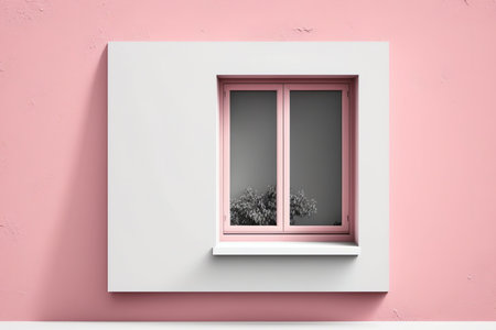 Exterior plaster wall with white window with shutters, garden reflections, pastel pink background with copy space, architecture design concept, illustrationの素材