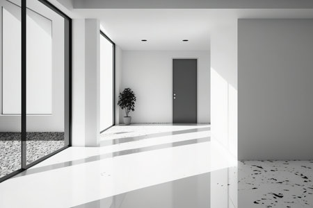Empty room interior design, commercial space, open space with terrazzo tiles floor, white walls, entrance door with blinds, modern architecture concept idea, illustrationの素材