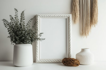 Empty vertical picture frame on white wall in modern living room. Mock up interior in scandinavian, boho style. Free, copy space for your picture. Table, macrame, vase, dried grassの素材