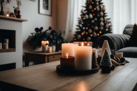 Empty wooden tabletop with candles in living room with Christmas tree. Xmas cozy holiday at home interiorの素材
