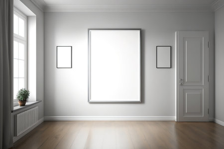 Empty room with white and gray walls, a wooden floor and a framed poster gallery. Concept of advertising. mock upの素材