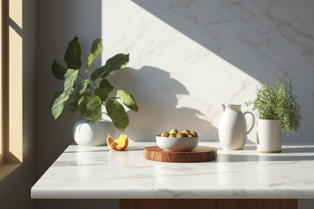 empty brilliant white marble kitchen counter top illustration for product display backdrop with wallpapered beige wall, gorgeous sunlight, and vegetation shadow Background, Mock up, Tableの素材