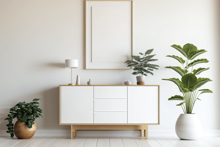 empty wall with wooden drawer in a Scandinavian style room. Interior decor that is minimalの素材