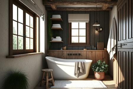 Dark-toned farmhouse bathroom. Wooden washbasin and freestanding tub. Retro design, illustrationの素材