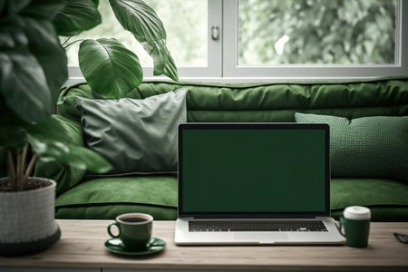cozy green office, complete with laptop and coffee. Draft for a designの素材