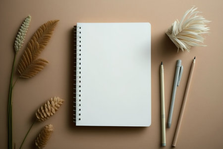 Flattened spiral flip notepad with a sheet of white paper. A laptop, pampas grass, and stationery are on a table with a beige and pastel background. desk space for a little home office. top view mockuの素材