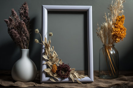 fake portrait frame on a wooden table with dried flowers. superior photographの素材