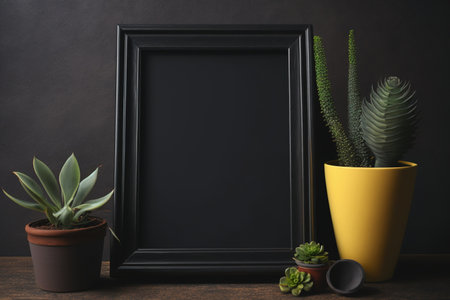 empty vintage black frame with a potted green plantの素材