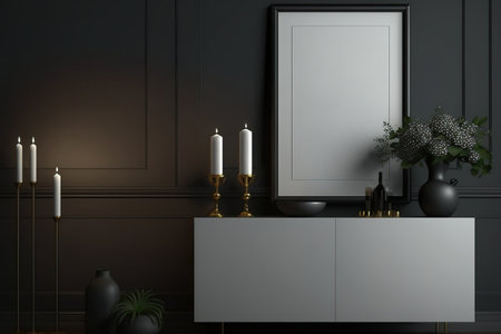 Front view of a dark living room with a sideboard, candles, a vase, and an empty white poster. Modern art and minimalist design idea. a mockupの素材