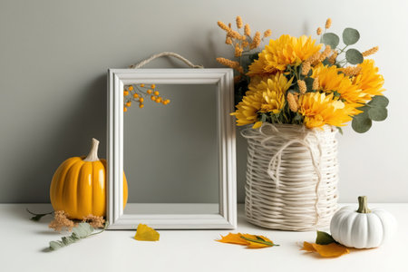 On a wooden table against a backdrop of light gray walls are a frame with the text "HELLO FALL," a vase filled with white and yellow chrysanthemums, a wicker straw bag, a pumpkin, and blazing garland lights. Autumnal interior design ideasの素材