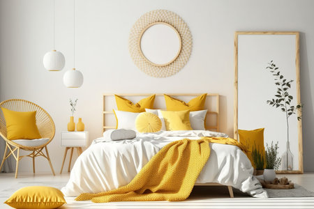 Frame mockup, close up of modern scandinavian wooden bedroom with rattan furniture in yellow tones, double bed with duvet and cushions, mirror, and decors. Interior design concept illustrationの素材