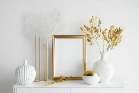 Golden vertical frame on white furniture, luxury home decor and design for mockup creationsの素材