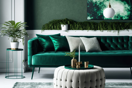 Green velvet sofa, chic coffee table, marble table lamp, pouf, pillows, hanging flowerbed, plants, and attractive accessories make up the design composition of the living room interior. modern interioの素材